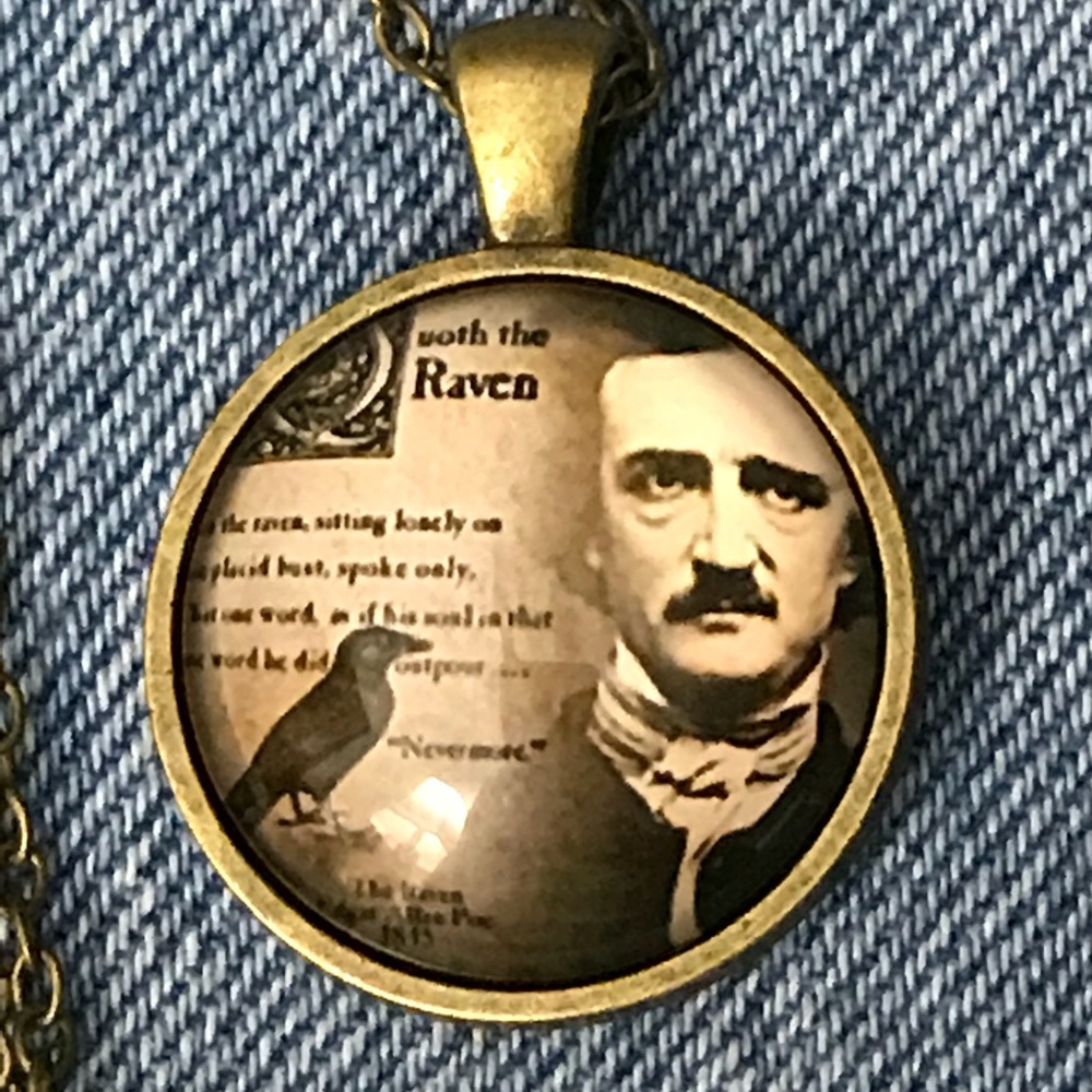 Edgar Allan Poe Collage Portrait Bronze Necklace